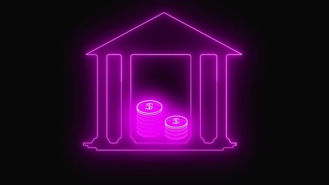 Neon-lit temple showcases a glowing digital coin at its center. Temple with glowing digital coin creates a futuristic neon-lit visual. Glowing digital coin shines in neon-lit temple.