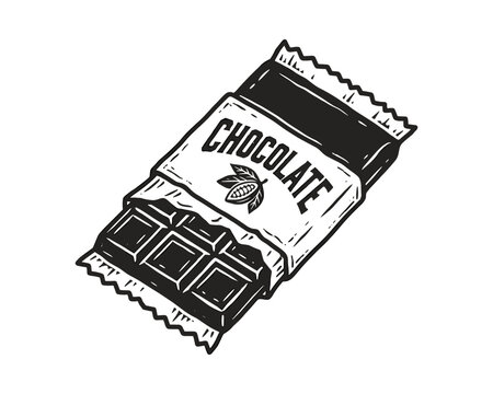 Chocolate bar with wrapper vector illustration, dark cocoa snack, confectionery dessert, sweet food icon.