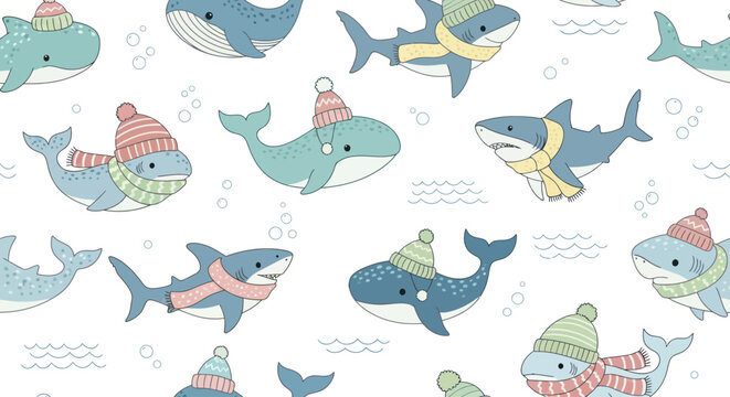 Cartoon Whale and Shark Characters.