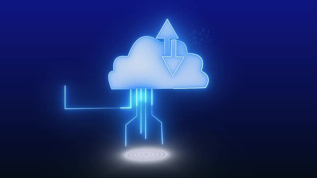 Digital cloud connection with data transfer symbolized by neon arrows and light. Cloud connection icon features neon arrows for data transfer. Neon arrows enhance digital cloud connection.