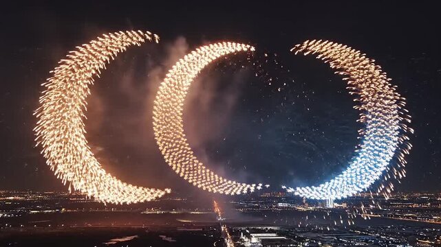 Spectacular Drone Light Show Forming Interlocking Crescent Moon Shapes Over a Vibrant City at Night
