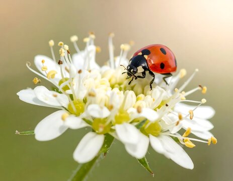 Ladybug on White Flower - A Close-Up of Natures Beauty.