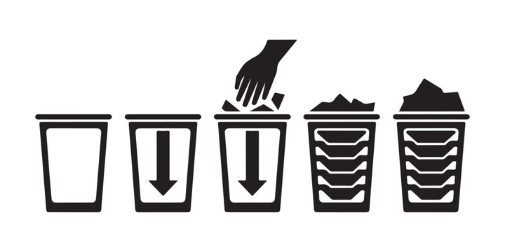 Illustration showing steps of putting garbage into trash can, from empty bin to full container.