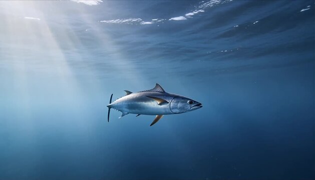 minimalist ocean scene with single tuna swimming in vast empty water and huge negative space for text perfect for world tuna day