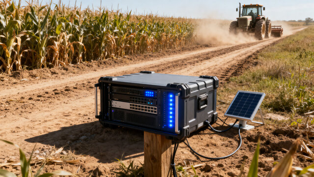 Rugged Outdoor Server Rack with Solar Panel in Dust Corn Field, Cloud Computing for Agriculture, Edge Computing and Big Data in Smart Farming.