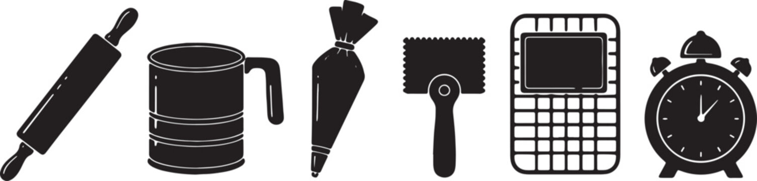Black Solid Baking Accessory Silhouettes Set of Six on White Background