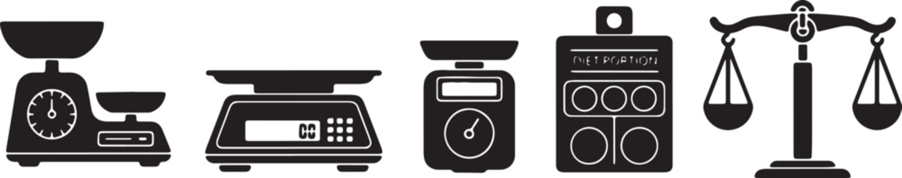Black Solid Baking Dietary Kitchen Scales Silhouettes Set of Six on White Background
