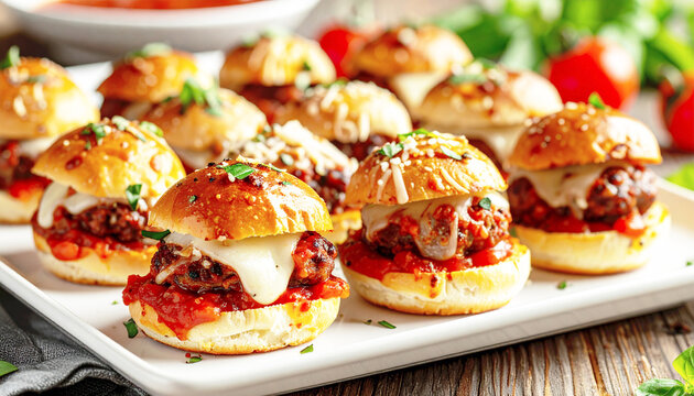 Meatball sliders, tomato sauce and mozzarella, baked, white appetizer platter. AI