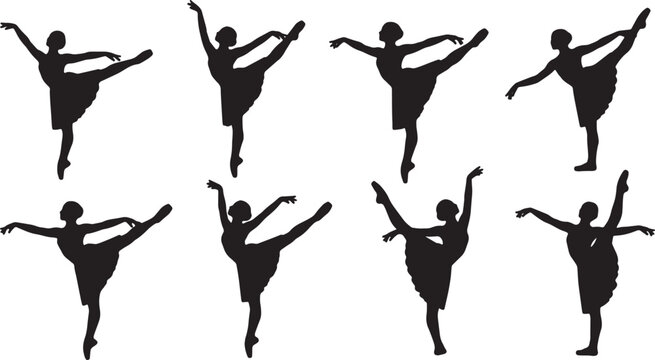 Black Solid Ballet Battement Tendu Jete Silhouettes Set of Six on White Background