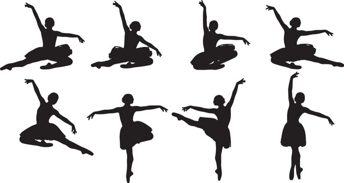 Black Solid Ballet Changement Entrechat Silhouettes Set of Six on White Background