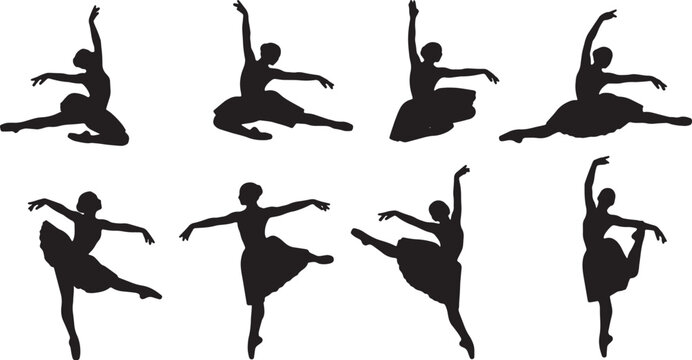 Black Solid Ballet Changement Entrechat Silhouettes Set of Six on White Background