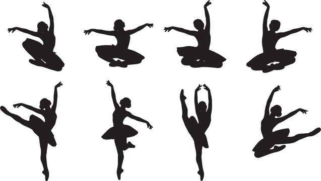 Black Solid Ballet echappe Soubresaut Silhouettes Set of Six on White Background