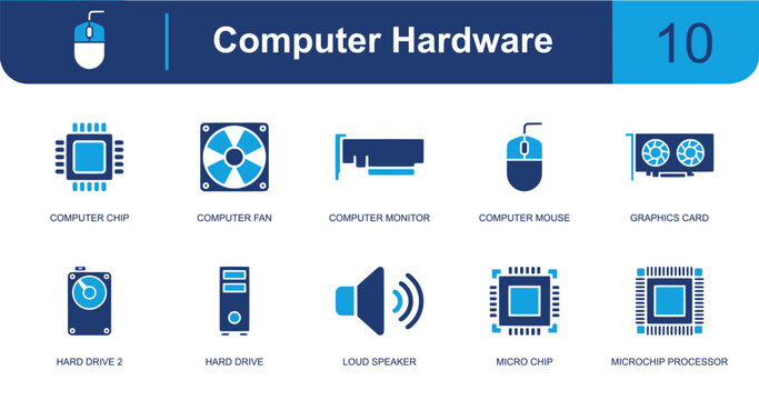 Computer hardware icon set. Containing computer chip, cooling fan, computer monitor, mouse, graphics card, hard drive, loud speaker, microchip processor and more. Solid fill vector icons.