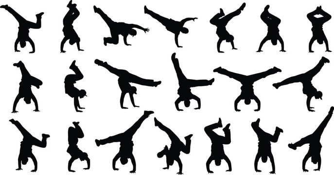 Breakdance silhouette collection, dynamic acrobatic poses, handstand flip moves, street dance icon, vector illustration, hip hop design, energetic motion art