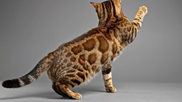 Rear View of Bengal Cat Reaching up with Paw in Studio on Grey Background