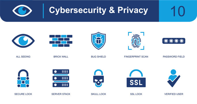Cybersecurity and privacy icon set containing eye, firewall, shield, fingerprint, password, secure lock, server stack, SSL lock, verified user and more, solid fill digital vector icons.