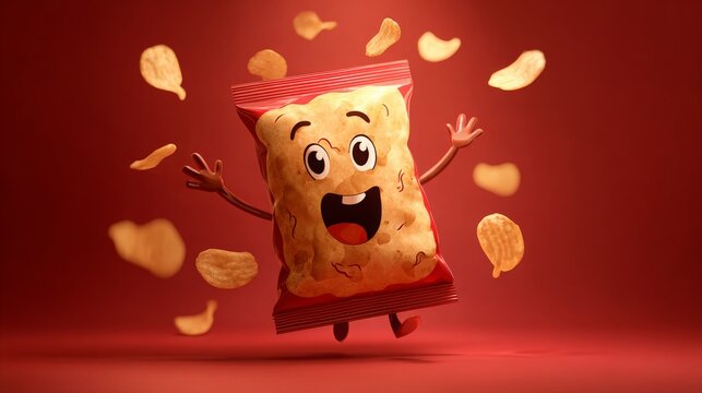Retro cartoon chips bag character in groovy vintage style. 