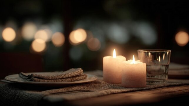 Table setting with two white candles on a wooden table. the table is covered with a beige tablecloth and there is a glass of water on the right side of the table.