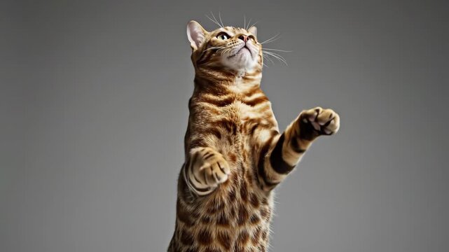 Bengal Cat Standing on Hind Legs and Reaching with Paws on Grey Background