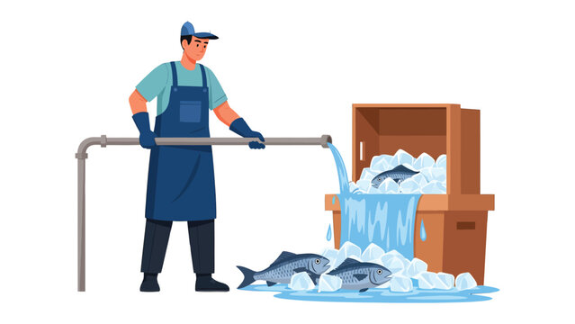 Fresh Catch Handling: A worker is seen with the fresh catch and chilling them in ice to keep their freshness in a modern factory setting. The image portrays the freshness.
