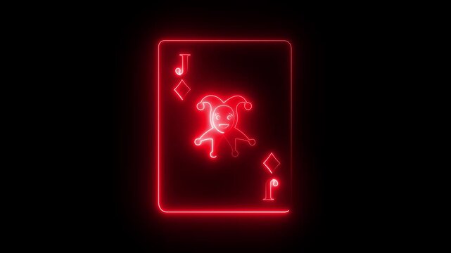 Glowing Neon Jack of Diamonds Playing Card with Animated Joker in Red Light neon playing card glowing jack of diamonds. animation 4k video