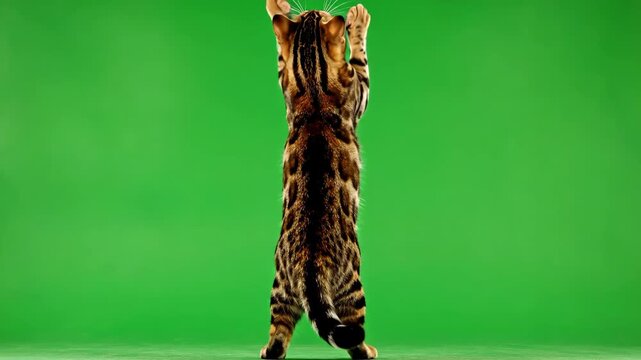 Green Screen Bengal Cat Standing on Hind Legs Back View Chroma Key