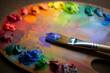 Fototapeta premium Wooden artist's palette filled with a vibrant spectrum of oil paint dabs, featuring a brush with blue and purple paint on its bristles.