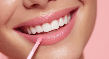 Fototapeta premium Close view of a person applying lip gloss on lips with a pink background during a beauty routine