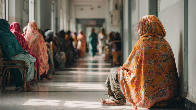 Hospital corridor with patients sitting along the wall, reflecting overcrowded conditions and limited resources in a public healthcare facility.