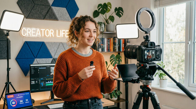 Influencer grabando contenido con c&aacute;mara en casa, concepto de creaci&oacute;n digital.