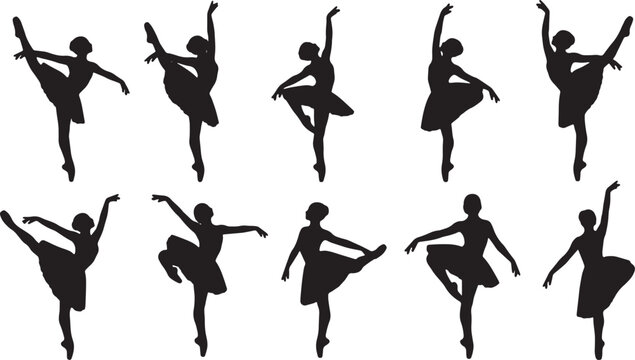 Black Solid Ballet Releve eleve Silhouettes Set of Six on White Background