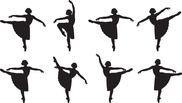 Black Solid Ballet Balance Pas de Basque Silhouettes Set of Six on White Background