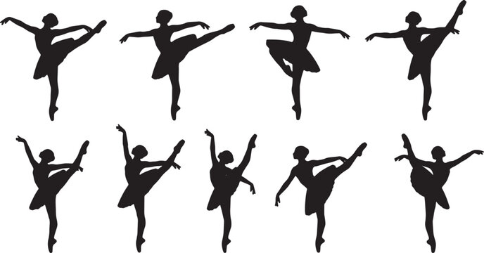 Black Solid Ballet Tendu Degage Silhouettes Set of Six on White Background