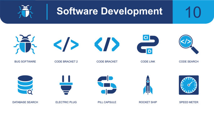 Software development icon set. Containing bug, code brackets, code link, code search, database search, plug, rocket, speed meter, programming symbols and more. Solid fill vector icons.