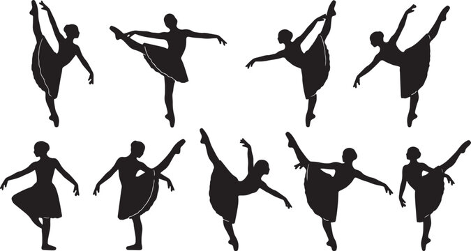 Black Solid Ballet Rond de Jambe Silhouettes Set of Six on White Background
