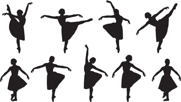 Black Solid Ballet Balance Pas de Basque Silhouettes Set of Six on White Background