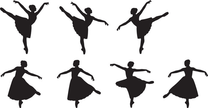 Black Solid Ballet Fouette Pirouette Silhouettes Set of Six on White Background