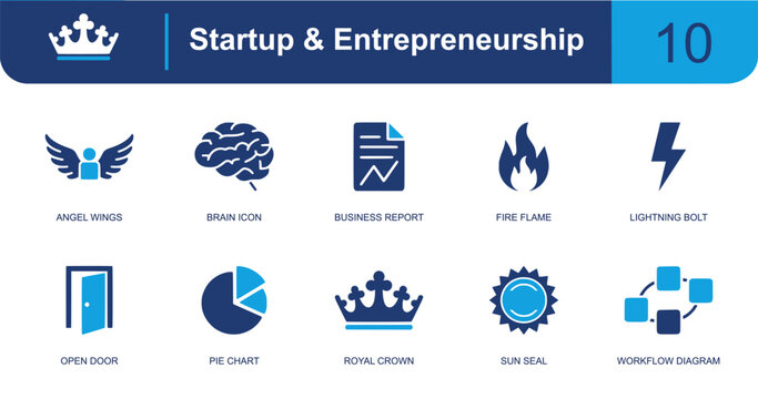 Startup and entrepreneurship icon set. Containing angel wings, brain, business report, fire flame, lightning bolt, open door, pie chart, workflow, crown and more. Solid fill vector icons.