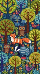 Fototapeta premium Whimsical forest scene featuring woodland creatures and fruit-bearing trees creates a vibrant textile pattern