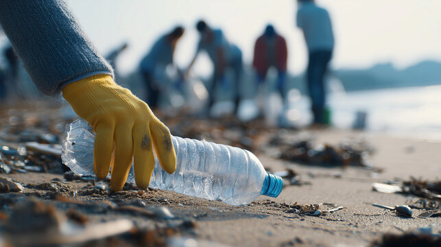 Close up of a gloved hand picking up a plastic bottle on a beach, highlighting environmental care, coastal cleanup, and efforts to reduce ocean pollution.