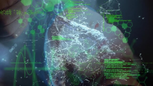 Animation of spinning dna string and data processing over women