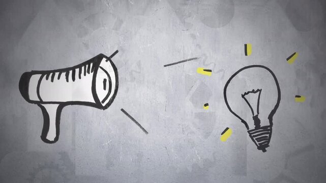 Animation of bulb and speaker over grey background with gears