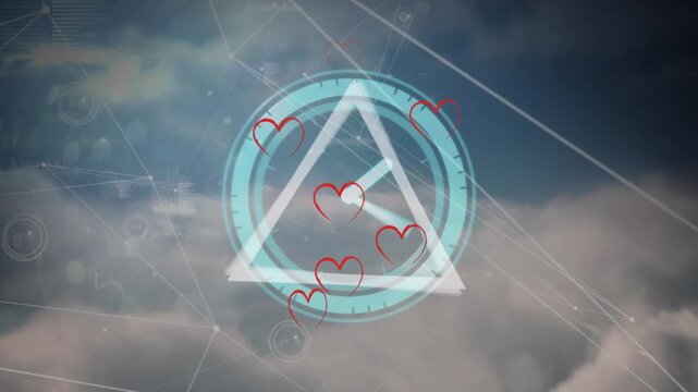 Animation of heart icons and data processing over clock moving