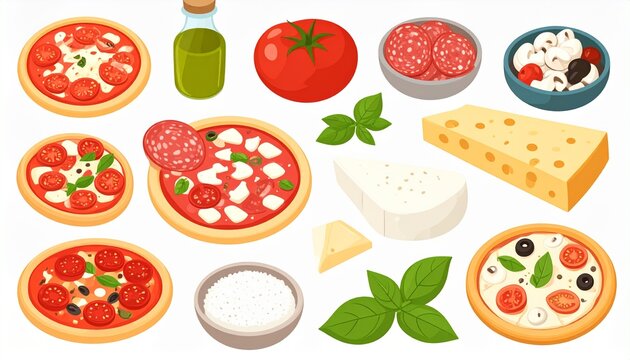 Pizza Ingredients and Pizza Dishes Illustration Set.