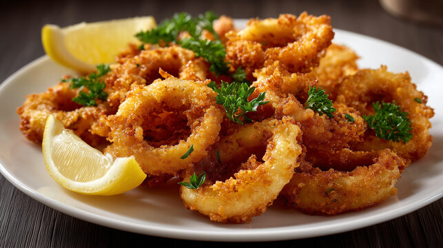 Close up of crispy fried calamari rings on a white plate, golden texture and delicious seafood appetizer, perfect for restaurant menu or food concept imagery.