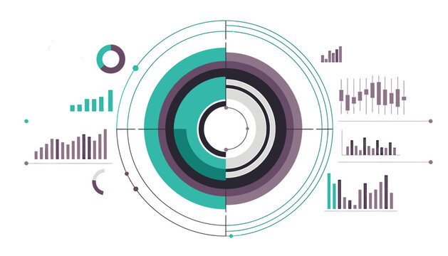 Abstract Futuristic Data Visualization with Circular Graphs and Bar Charts.