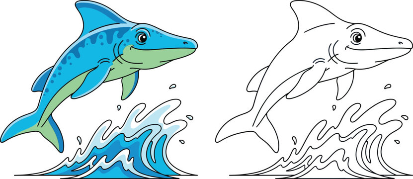 Cartoon Ichthyosaurus Jumping Out of Water Dynamic Prehistoric Marine Reptile Illustration