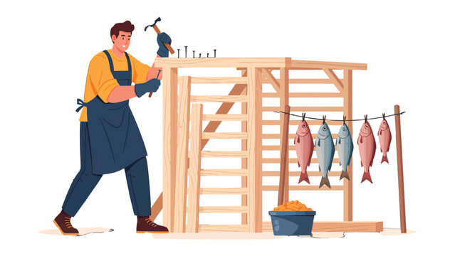 Crafting the Catch: A man diligently works on constructing a rustic wooden fish drying rack, showcasing craftsmanship and resourcefulness, with freshly caught fish hanging nearby.