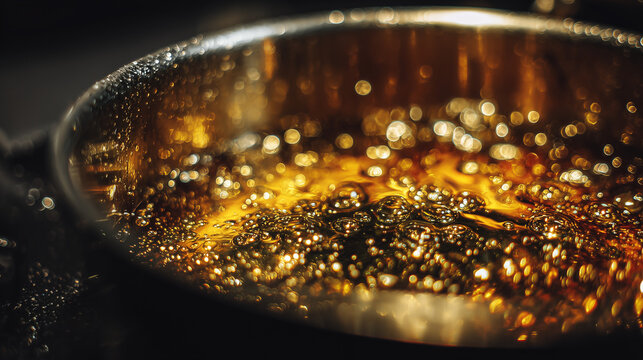 Boiling oil in pan with bubbling surface, cooking process, high heat frying scene, golden liquid texture with steam in kitchen environment.