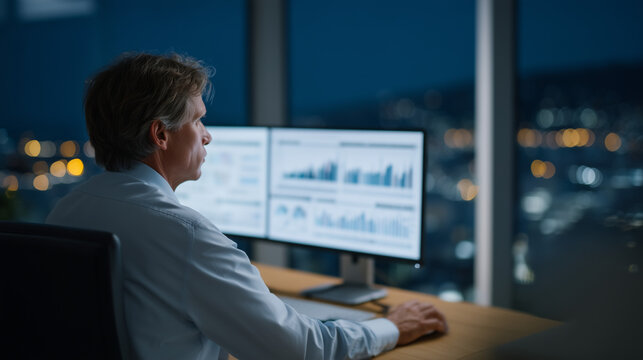 Compliance officer analyzing automated regulatory reports on transparent display screens, financial institution office, AI-powered risk assessment dashboards, modern corporate setting, ideal for fin
